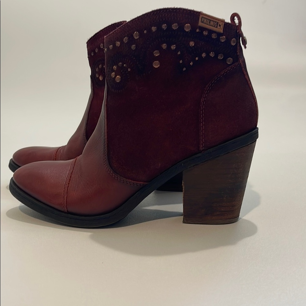 Pikolinos Alcante Red/Burgandy Ankle Booties with Chunky Heel